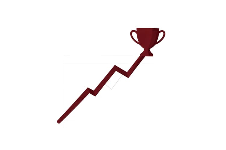Um gráfico de linha ascendente com um ícone de troféu no topo, sobre um fundo branco, simbolizando o sucesso da campanha.