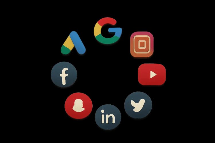 Uma variedade de ícones de plataformas de mídia social e publicidade, como Google, Facebook e Instagram, dispostos em um círculo.