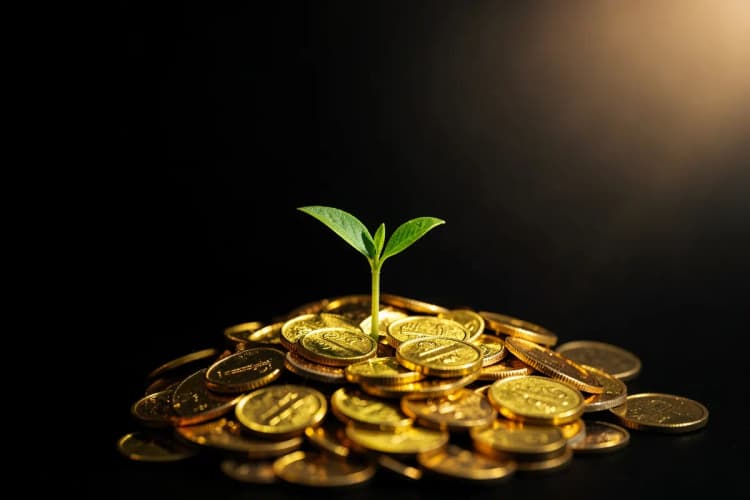 Uma planta crescendo de um monte de moedas, simbolizando o retorno do investimento.