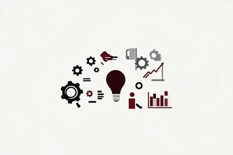 Uma composição de ícones de negócios como engrenagens, gráficos e lâmpadas, organizados de forma harmoniosa sobre um fundo claro, representando os benefícios do CRM.