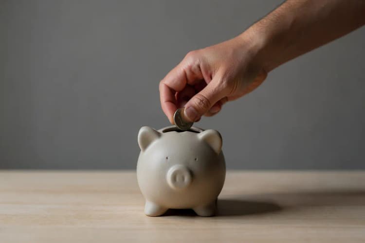 Uma mão colocando uma moeda em um cofrinho em forma de casa, representando economia e opções gratuitas de CRM, sobre fundo de madeira.