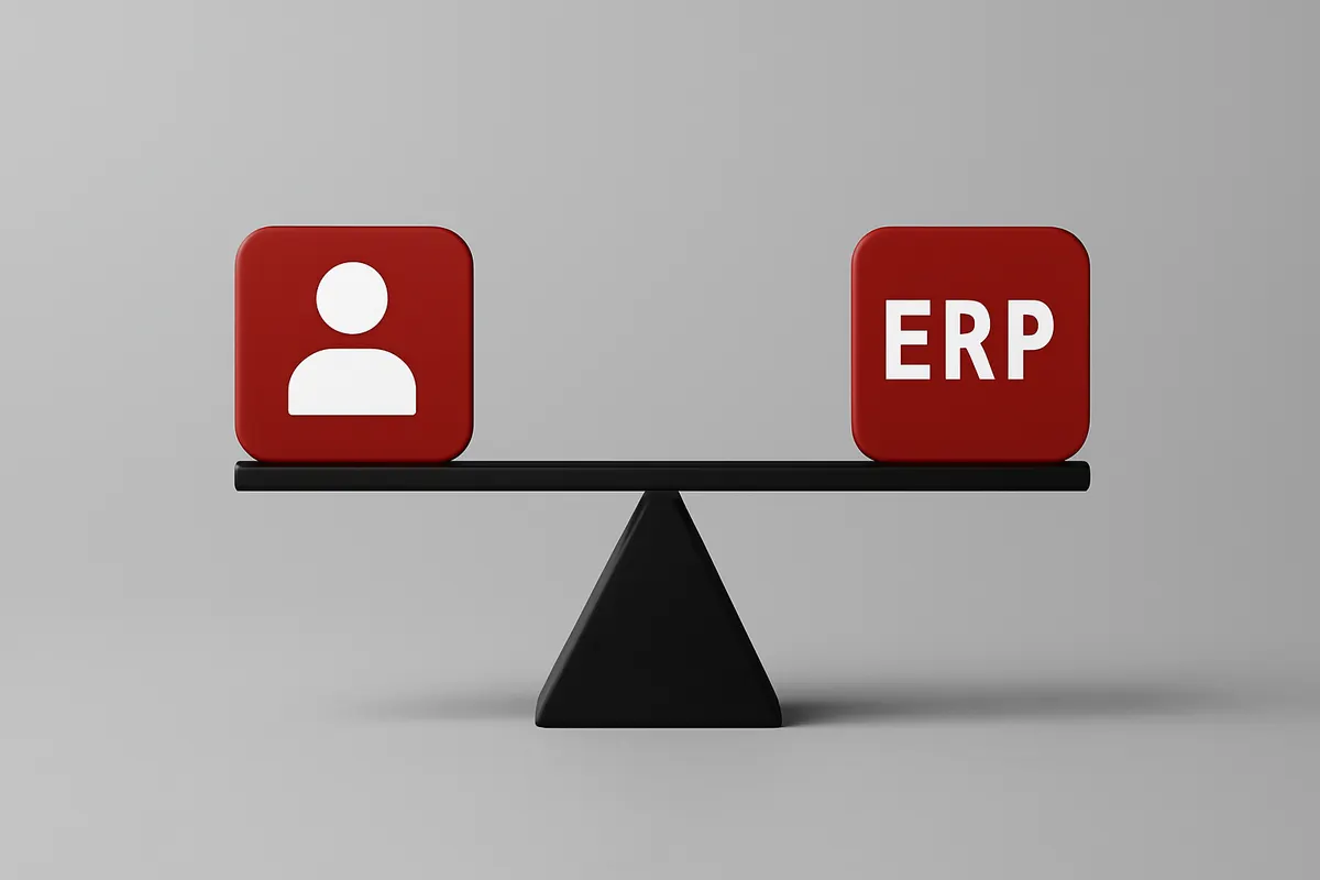 Uma balança com um ícone de CRM de um lado e um ícone de ERP do outro, equilibrada, ilustrando a diferença entre os dois sistemas, sobre fundo cinza.
